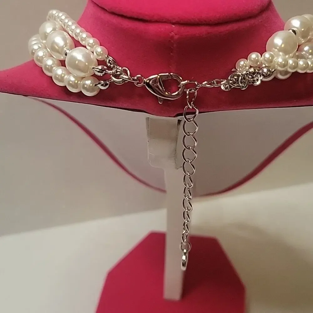 C1946  Multi-strand Braided Faux Pearl Beaded Necklace